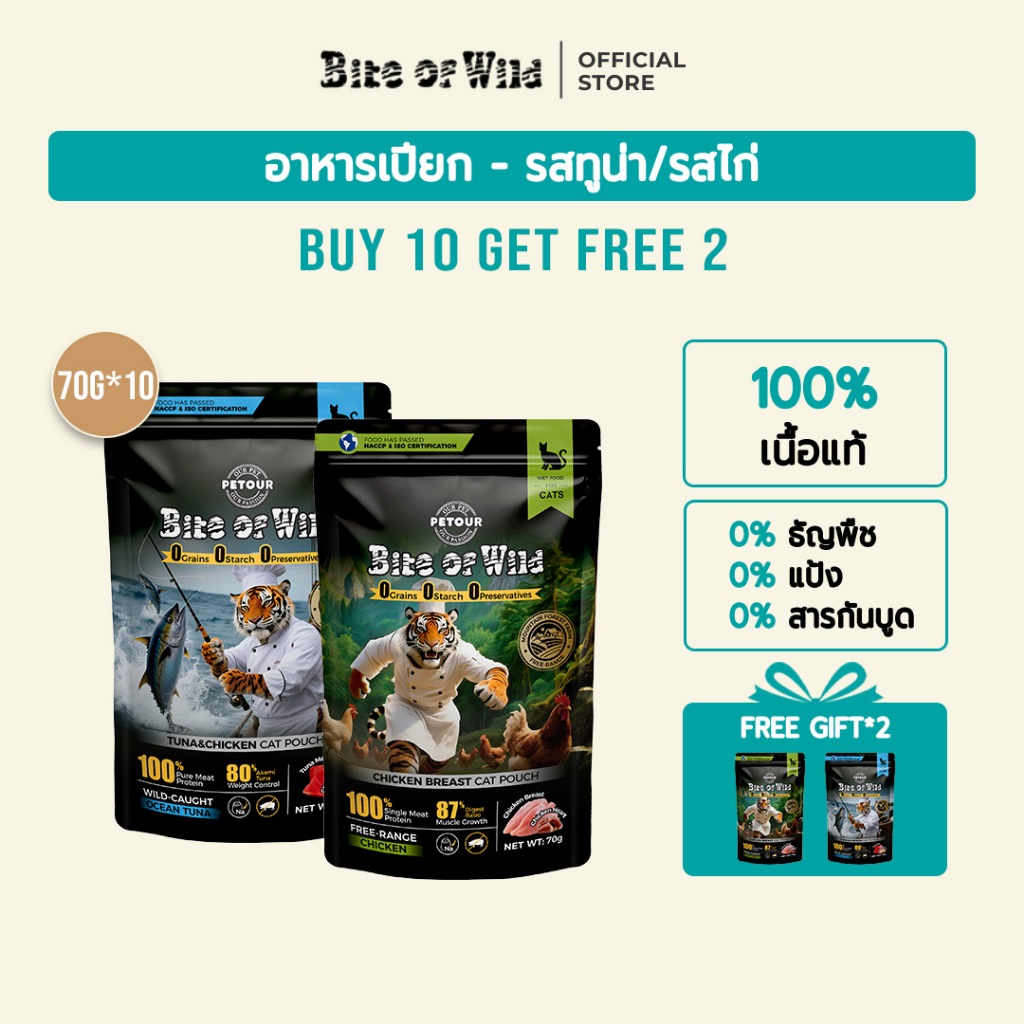 [ ซื้อ 10 สําหรับ 2 แพ็ค ] Bite Of Wild Cat Pouch 2 Flavour Chicken and Tuna อาหารแมวเปียกเนื้อสูง 70g