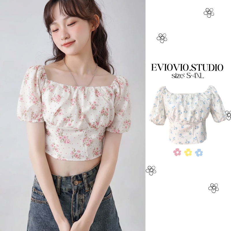 【EVIOVIO】✨S-5XL✨ เสื้อครอปแขนพอง ลายดอกไม้ ใส่สบาย สงกรานต์ คอกว้างแต่งระบาย หวาน น่ารัก แมทช์ง่ายทุกลุค