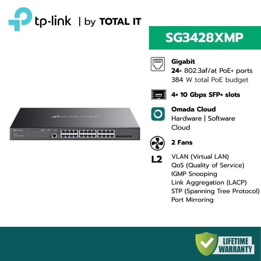 (PoE 384W 24 Port) TP-Link SG3428XMP Omada Managed Switch Gigabit + 4 SFP+ Uplink 10G