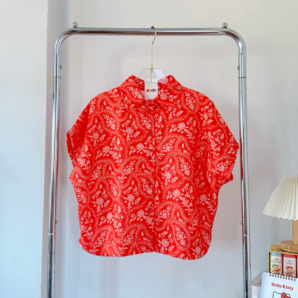 เสิ้อเชิ้ตลายวินเทจ ทรงแขนค้างคาว ผ้าลินินอินเดีย โอเวอร์ไซซ์ - รูปที่ 3