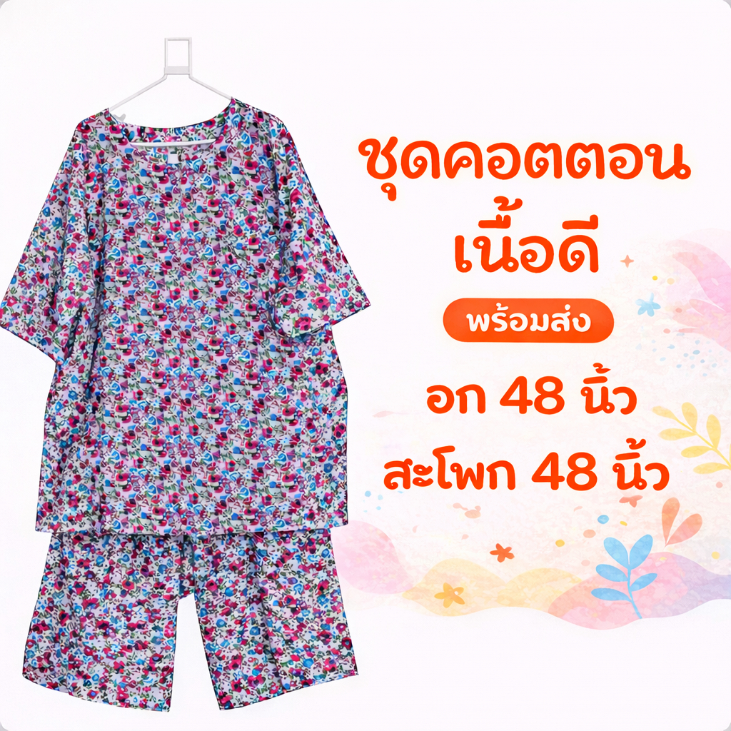 ชุดอยู่บ้านเสื้อแขนสั้นผ่าตลอด อก 48 นิ้ว+กางเกง3 ส่วน เอวยืดสุด 42-44 นิ้ว ผ้าคอตต้อนเนื้อดี