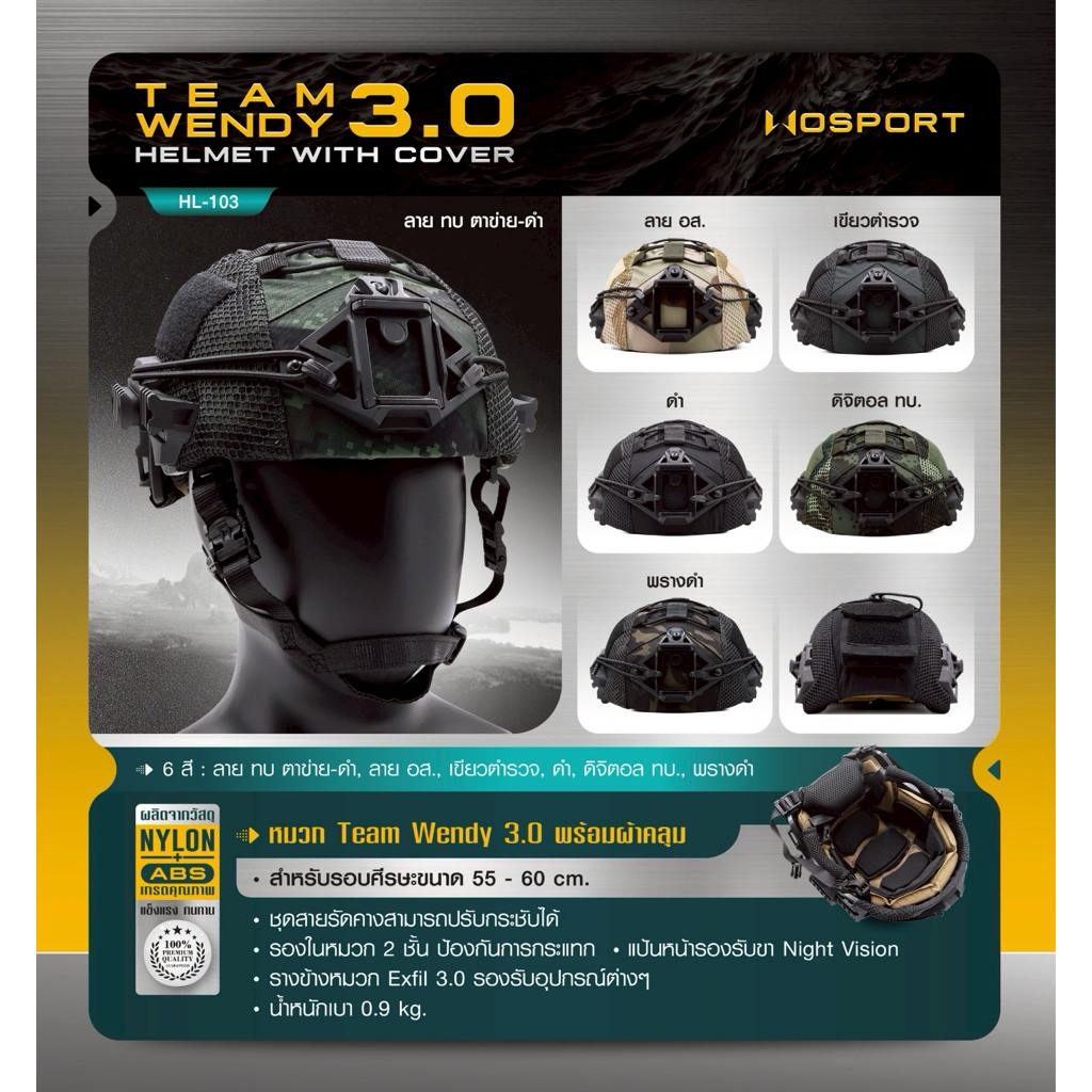 Team Wendy 3.0 Tactical Helmet Set | หมวกกิจกรรมกลางแจ้ง พร้อม Rail Mount Night Vision