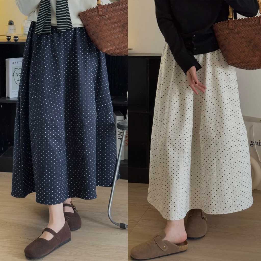 กระโปรงยาว กระโปรงลายจุด POKADOT SKIRT เอวยางยืด Plus Size ผ้าคุณภาพสูง ขนาด XS-XXXL พร้อมส่ง