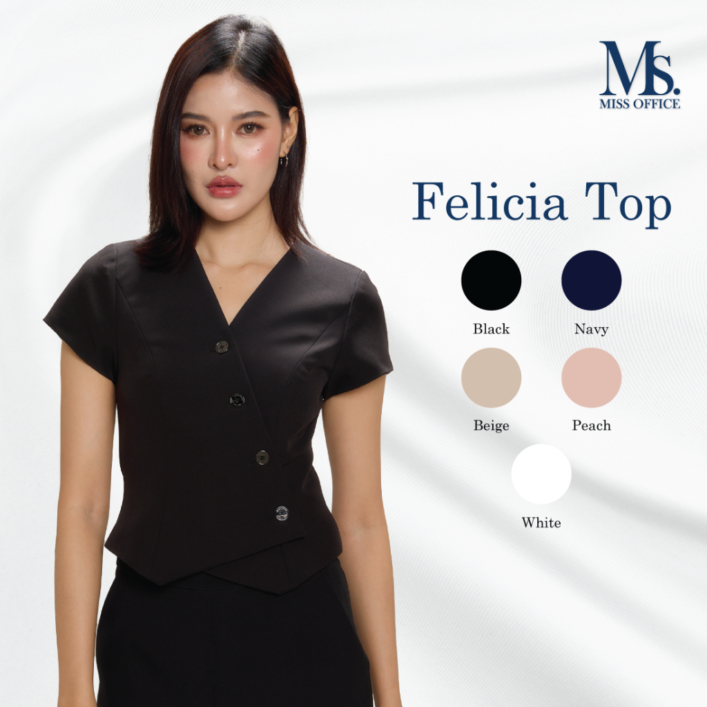 Miss office เสื้อทบป้ายแต่งกระดุมมีแขน (Felicia top) (MT-339)