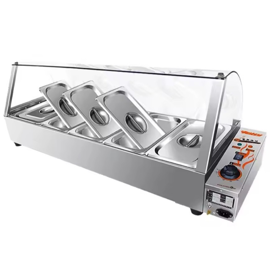 เครื่องอุ่นบุฟเฟ่ต์ Bain Marie 5ถาด หลุมสแตนเลส ตู้อุ่นอาหารตู้กระจก