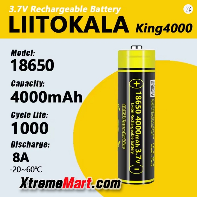 แบตเตอรี่ชาร์จได้ LiitoKala 18650 หัวนูน 3.7V Li-ion 4000mAh (ของแท้ ความจุเต็ม) Lithium battery (ก้