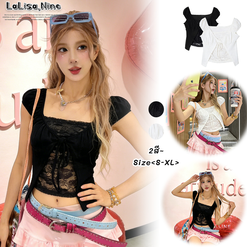 lalisa พร้อมส่ง🍑เสื้อ ปาดไหล่🍑แขนตุ๊กตา ครอป แขนสั้น ผ้าเรยอน เชือกผูกโบว์ ดีเทลลูกไม้ด้านใน สไตล์ Y2K เซ็กซี่ น่ารัก