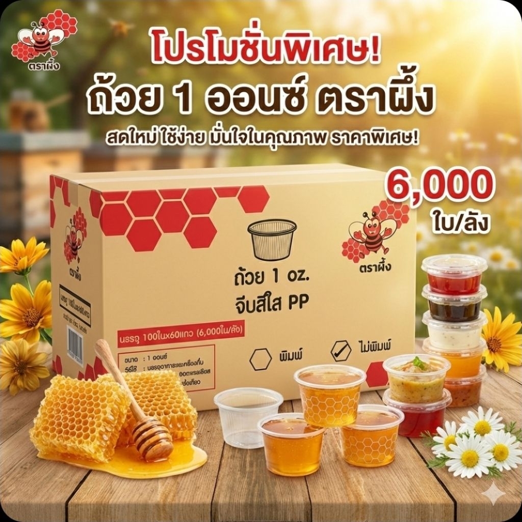 📦JT 1 ออนซ์ ถ้วยจีบสีใส PP ตราผึ้ง จำนวน 100 ชิ้น.×60 แถว/6,000 ชิ้น.(ยกลัง). 📦