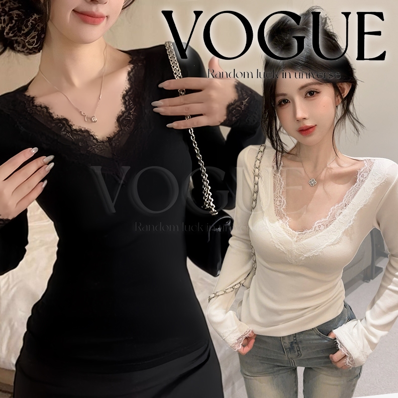 Vogue🌟พร้อมส่ง🌟เสื้อสเวตเตอร์แขนยาวหญิงทรงเข้ารูป คอวีเสริมฟองน้ำ ดีเทลแต่งลูก ฟรีไซส์ (FY66045)