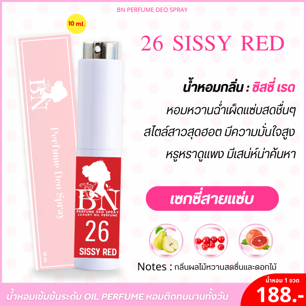 น้ำหอม [ 26 ซิสซี่เรด ] กลิ่นฉ่ำสุดแซ่บ สาวมีความมั่นใจ หรูหรา มีเสน่ห์น่าค้นหา by BN [10ml.]