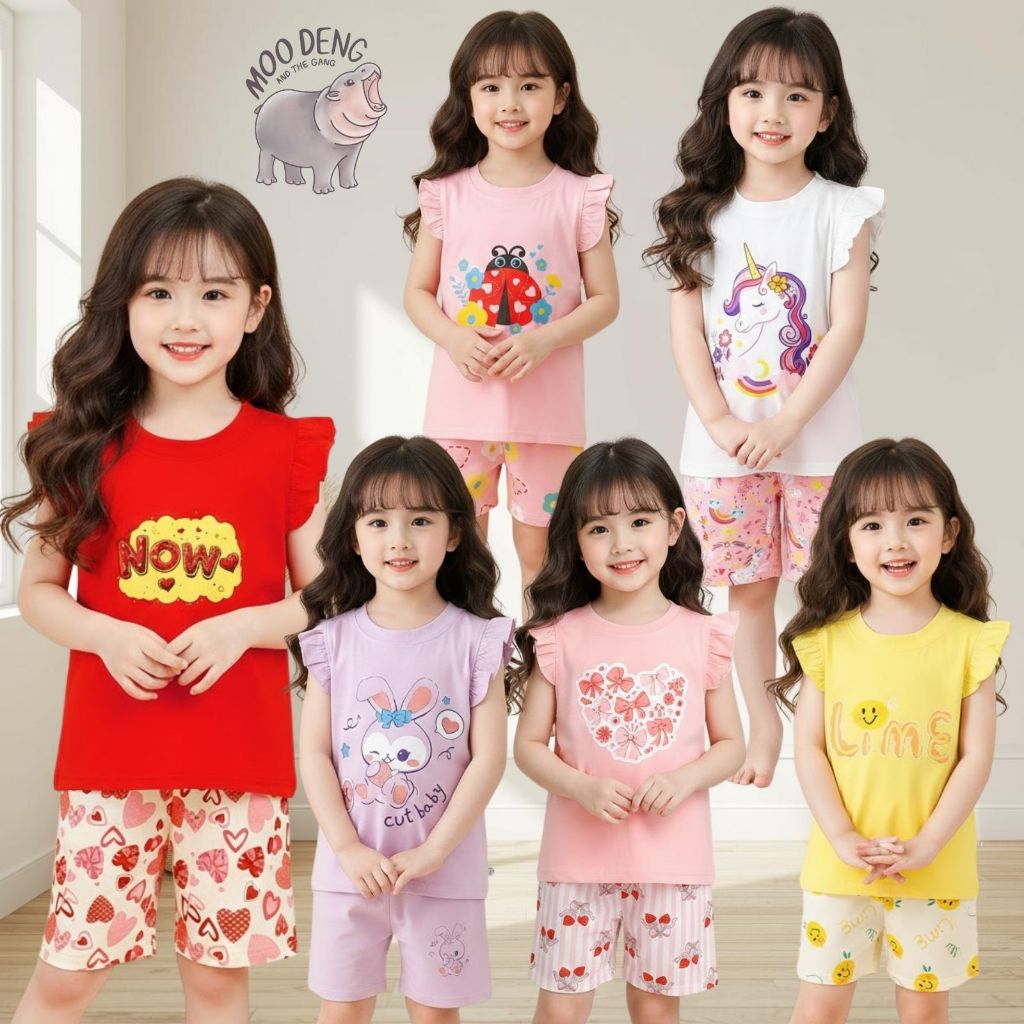 ชุดเซ็ทเด็กผู้หญิง เสือแขนสัน ทรง ระบาย+กางเกงขาสัน Size73-130 1เดือน-6ปี ลายน่ารัก ผ้าcotton สบาย