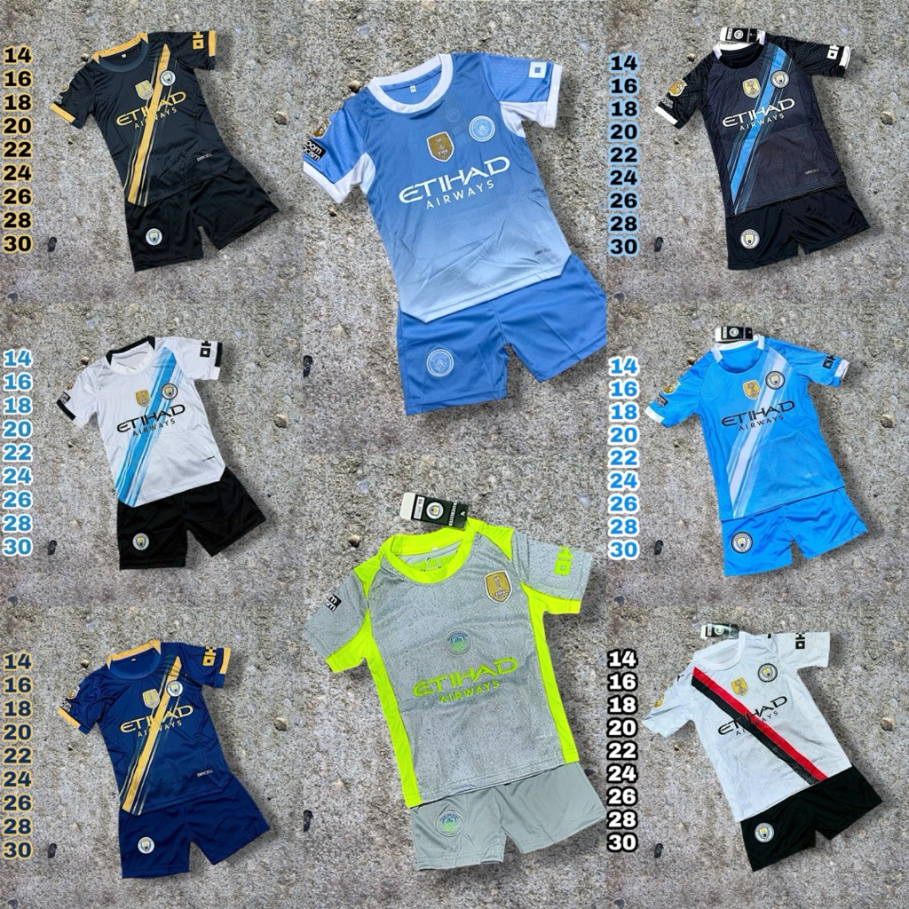 ชุดกีฬาเด็ก แมนซิตี้ ฤดูกาลใหม่ 2025 มีไซส์ 14 ถึง 30 แบบแขนสั้น มีเสื้อและกางเกง