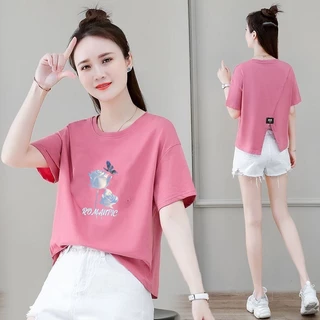 เสื้อครอปสั้นทรงหลวมทันสมัยและใส่ได้หลา Oversize เสื้อยืดแขนสั้นสำหรับผู้หญิง มี slits ด้านหลัง สไตล์ใหม่สำหรับฤดูร้อน