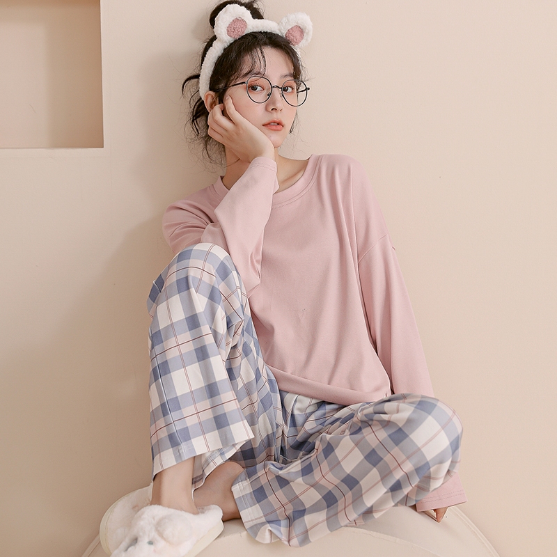 Pajama Set~ชุดนอนแฟชั่นแขนยาวหลวม ชุดอยู่บ้านทรงหลวมแบบเรียบง่าย คอปกกลม (เสื้อ + กางเกง)