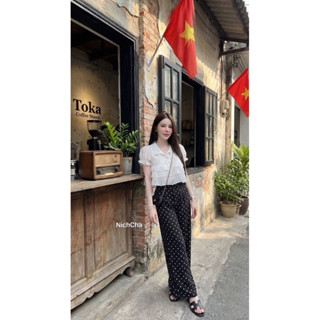 Set2ชิ้น - เสื้อแขนตุ๊กตาแต่งระบายมีกระดุมเพชร - กางเกงขายาว…