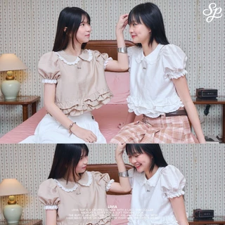 LIVIA_SP114 เสื้อครอปคอบัวใส่ได้ 2 ด้าน แต่งระบาย ผ้าพริ้วนุ่ม แมทช์ง่าย มี 2 สี น่ารักสุดๆ