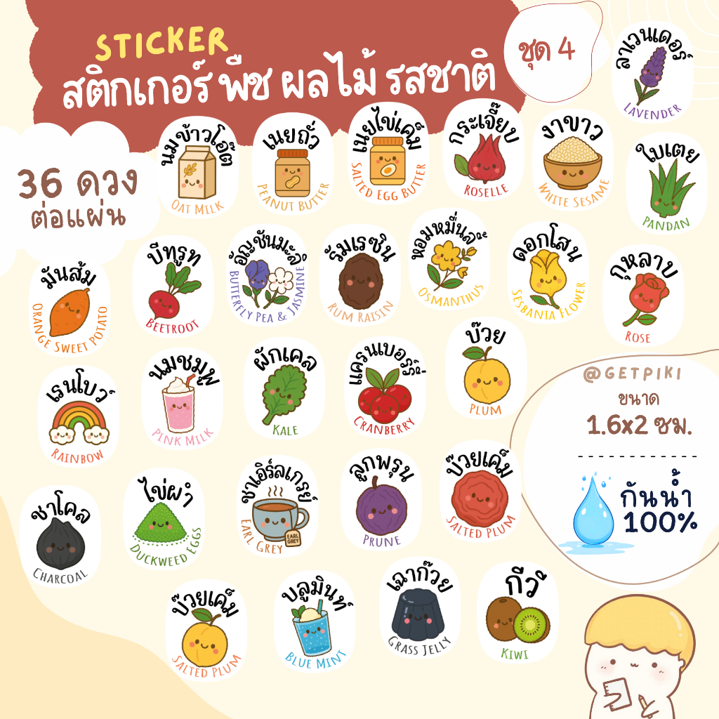 สติ๊กเกอร์ พืช รสชาติ นมข้าวโอ๊ต เนยถั่ว เนยไข่เค็ม หอมหมื่นลี้ ดอกโสน ลูกพรุน เฉาก๊วย ใบเตย บีทรูท บ๊วย กีวี กันน้ำ