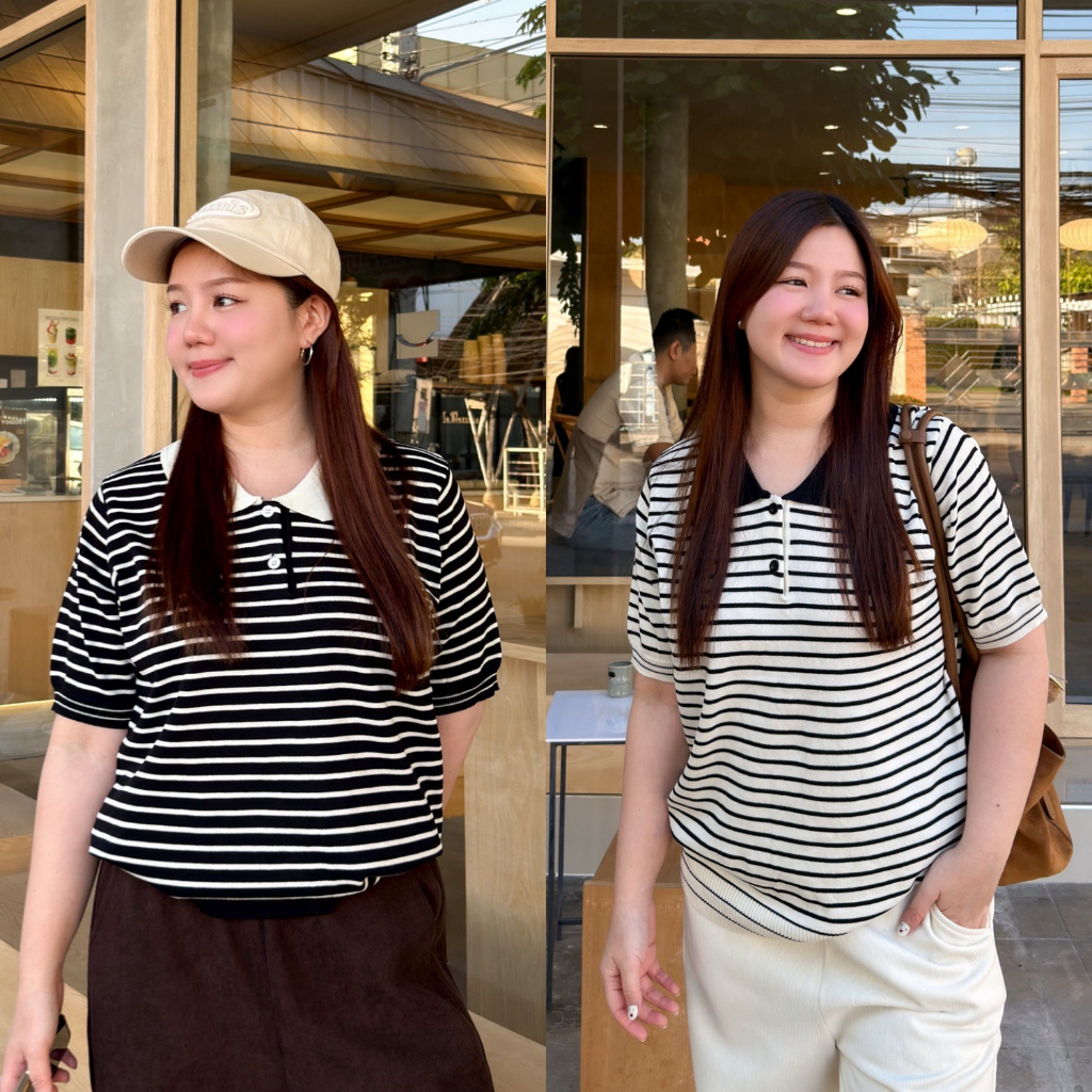 (❤️อกถึง 47") Stripe Polo เสื้อโปโล สาวอวบ