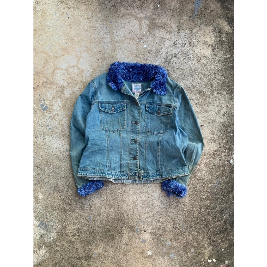 แจ็คเก็ตยีนส์เซ็นต์จอห์นวินเทจ Rare Y2K St. John's Bay Denim Jacket Blue Fuzzy Collar [1-73st.john]