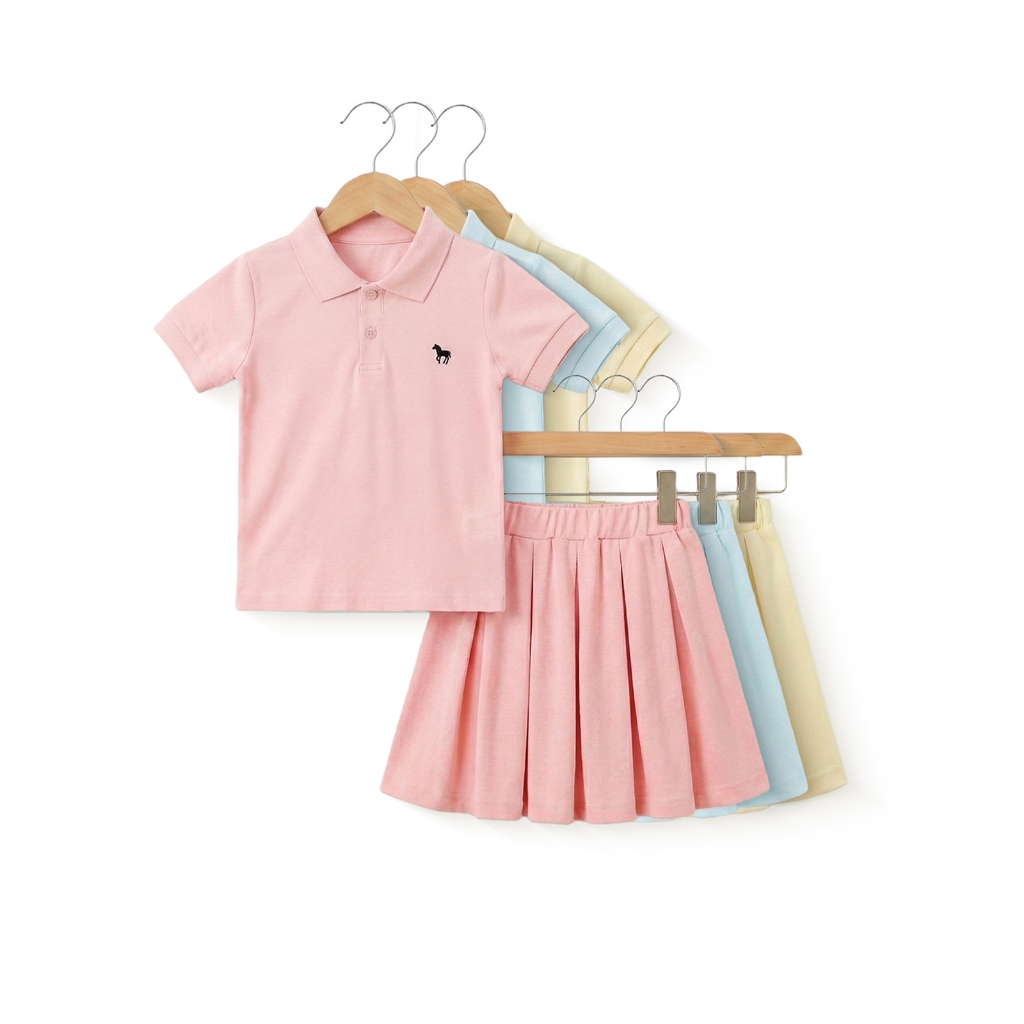 【พร้อมส่ง】ชุดสูทเด็กผู้หญิงแฟชั่น ชุดเด็กผู้หญิงสไตล์เกาหลี  เสื้อโปโล+กระโปรงสั้น สองชิ้น ใส่สบาย ฤดูร้อน