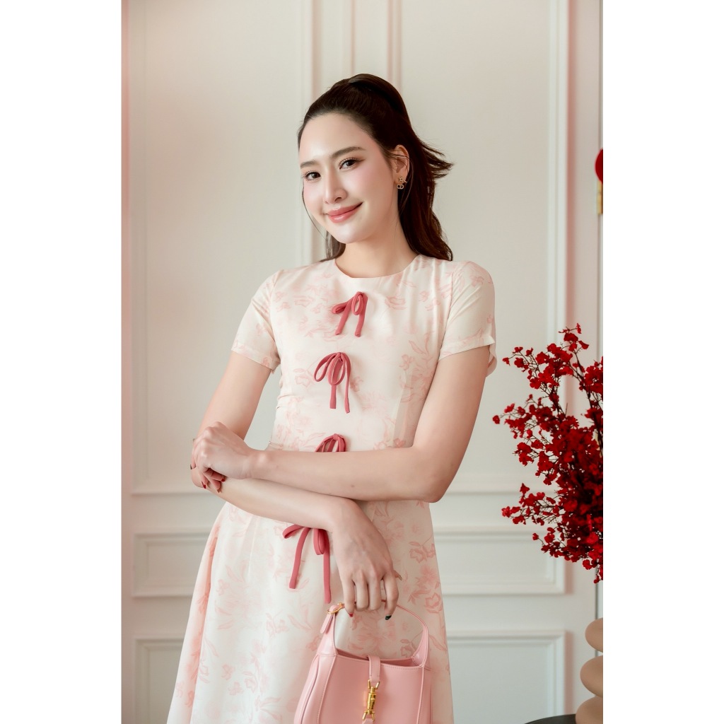 PD372 Nude Floral Dress เดรสผ้าชีฟอง คอกลม แขนสั้น กระโปรงบานย้วย แต่งโบว์