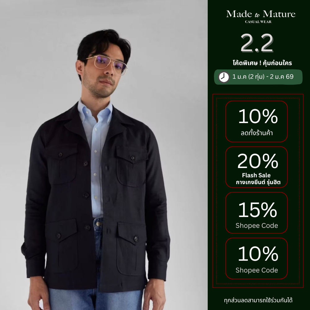 [ส่วนลด15% 15XTRA22T] Made to Mature Linen Safari Jacket Overshirt Navy – เสื้อซาฟารีแจ็กเก็ต สีกรม