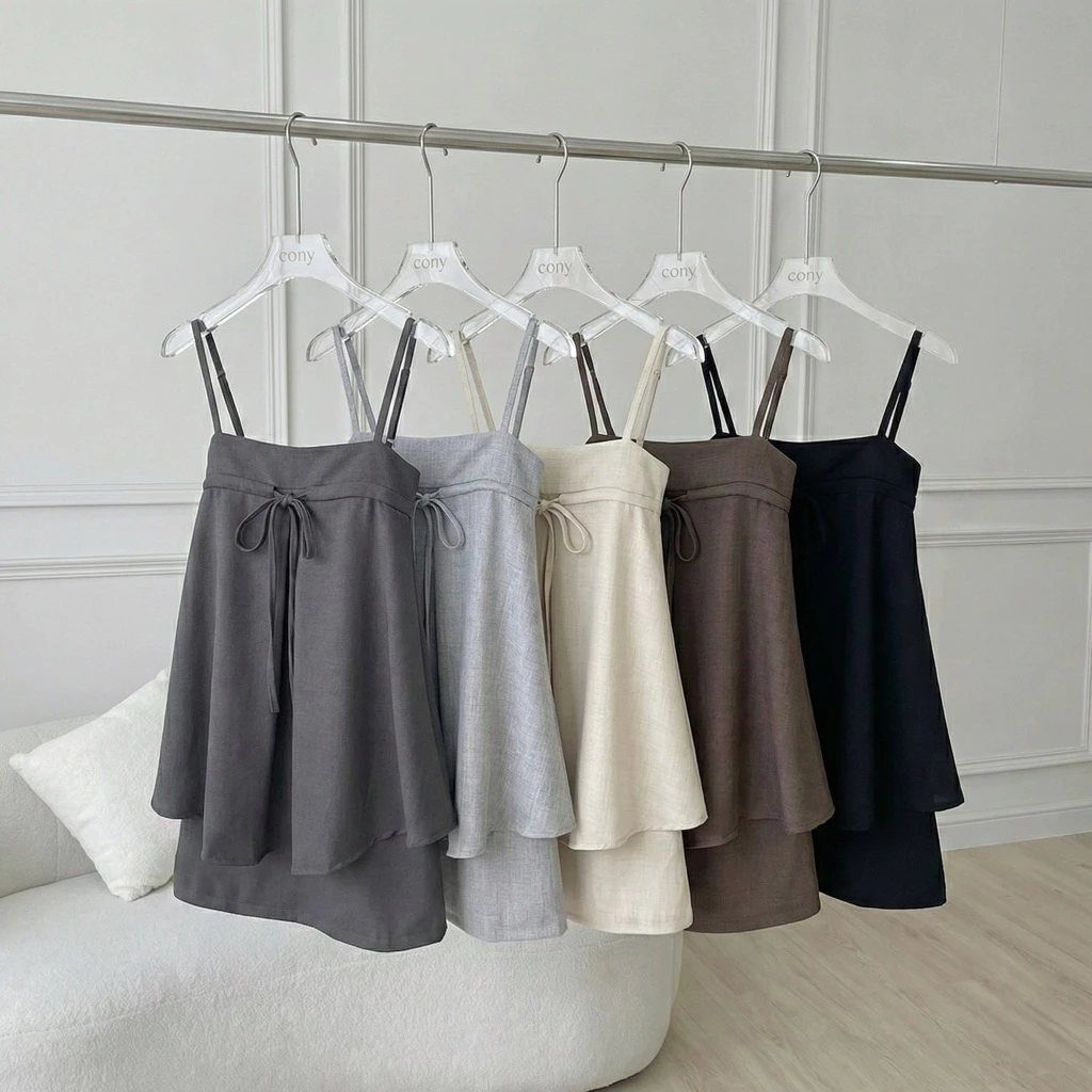 conycolours | hunny ribbin set dress ชุดเซตเสื้อสายเดี่ยว+กระโปรง ผูกโบว์ด้านหน้า