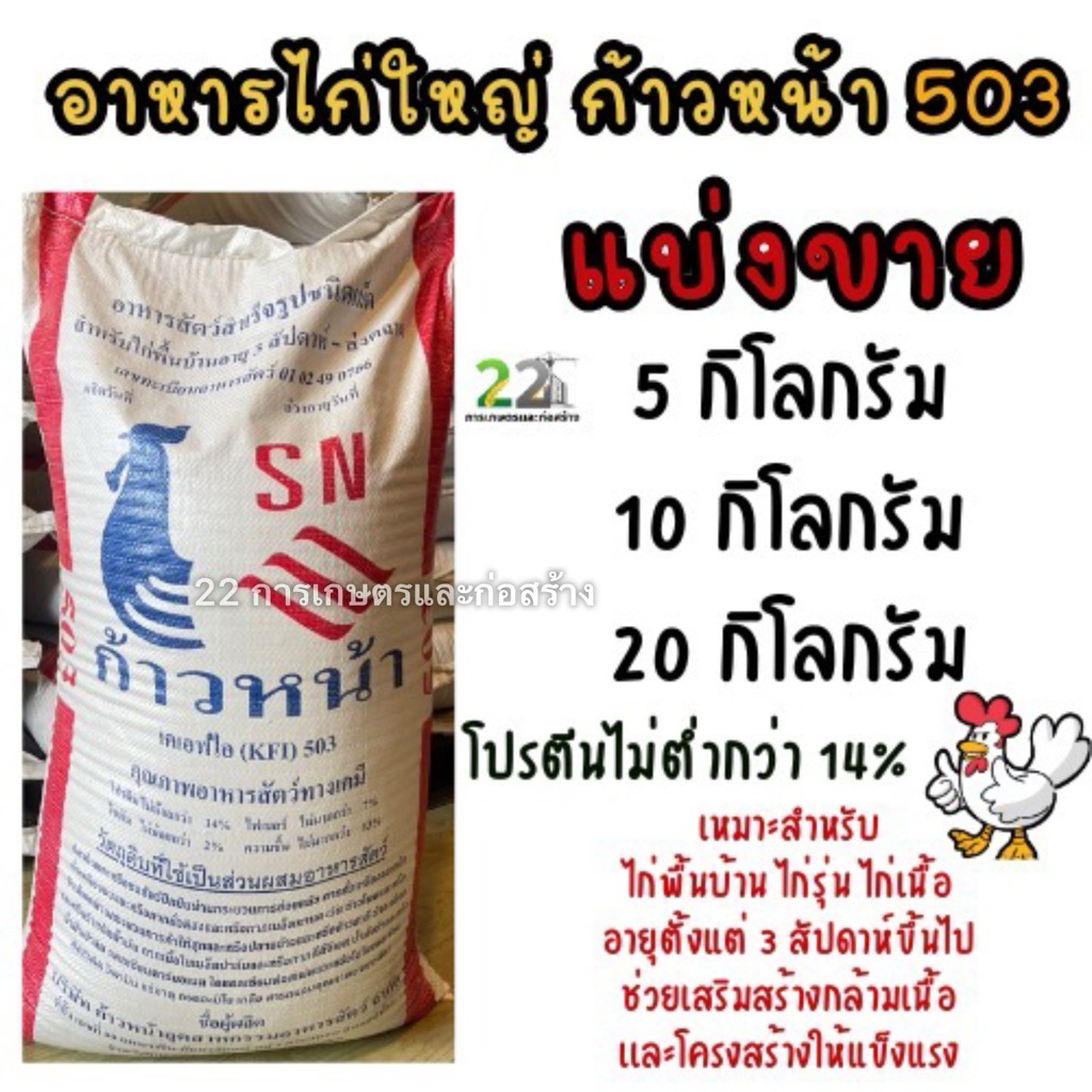 แบ่งขาย อาหารไก่ใหญ่ ก้าวหน้า 503 ขนาดบรรจุ 5 กก. 10 กก. และ 20 กก.