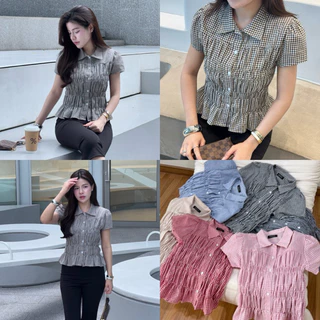 Waffle Top (วาฟเฟิลท็อป) - เสื้อคอปกสม็อกเอว ลายตาราง ใส่แล้วเก็บทรงพรางหุ่น (วาฟเฟิล)