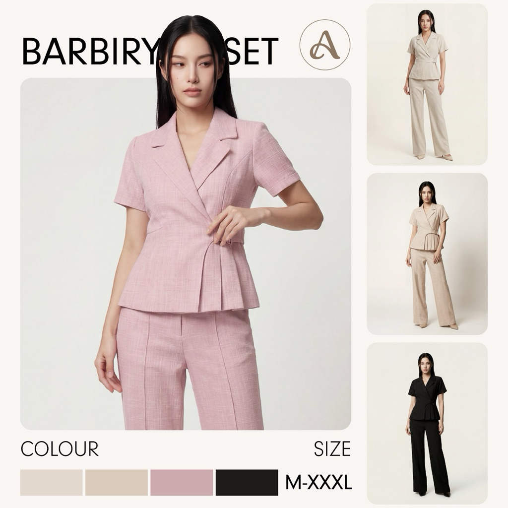ชุดเซตคอปกจีบเอวคล้องห่วงแมทกางเกงขายาวกระบอกใหญ่AN312 Barbiry Set