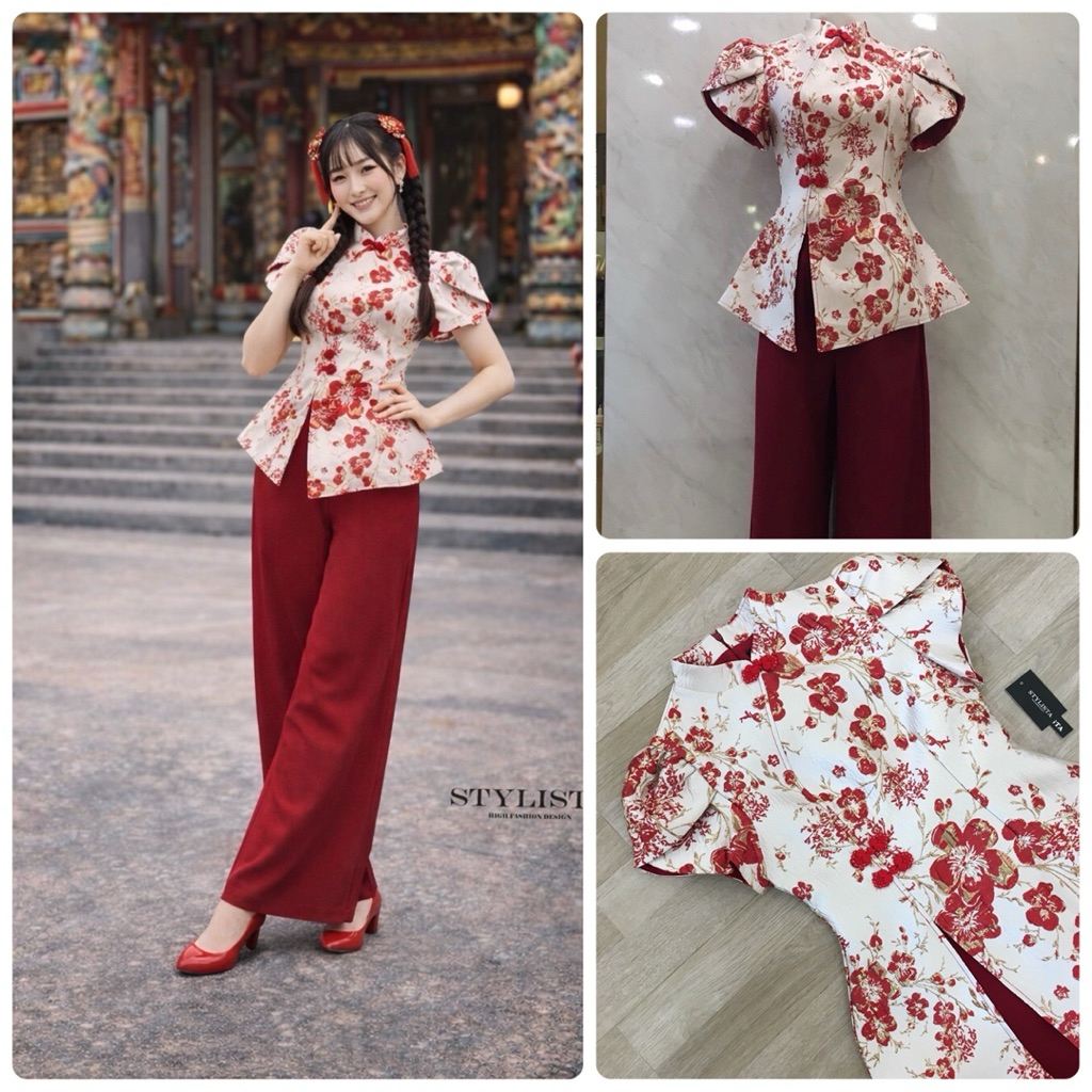 Stylista Set เสื้อคอจีน + กางเกงขายาวสีแดง ชุดกี่เพ้า