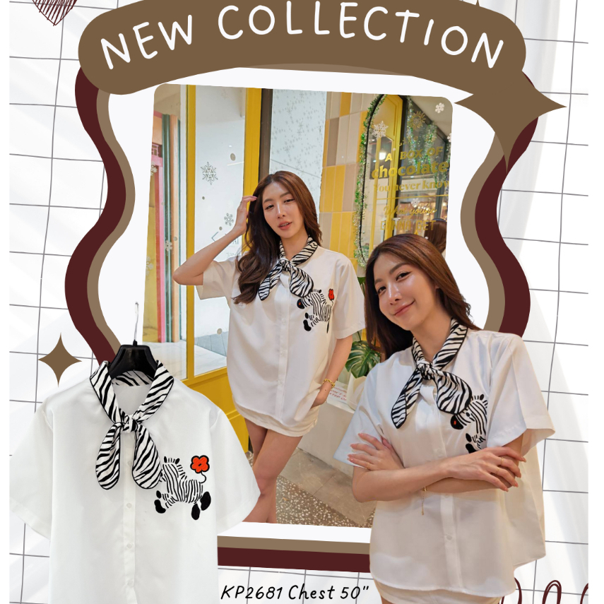 อก50เสื้อเชิ้ตแขนสั้นปักม้าลายสุดคิ้วท์ ดีเทลปกสามารถผูกได้นะ!! แมทช์ง่ายได้ทุกลุค ทุกสไตล์สาวไซส์ไหนใส่ก็สวยย2681