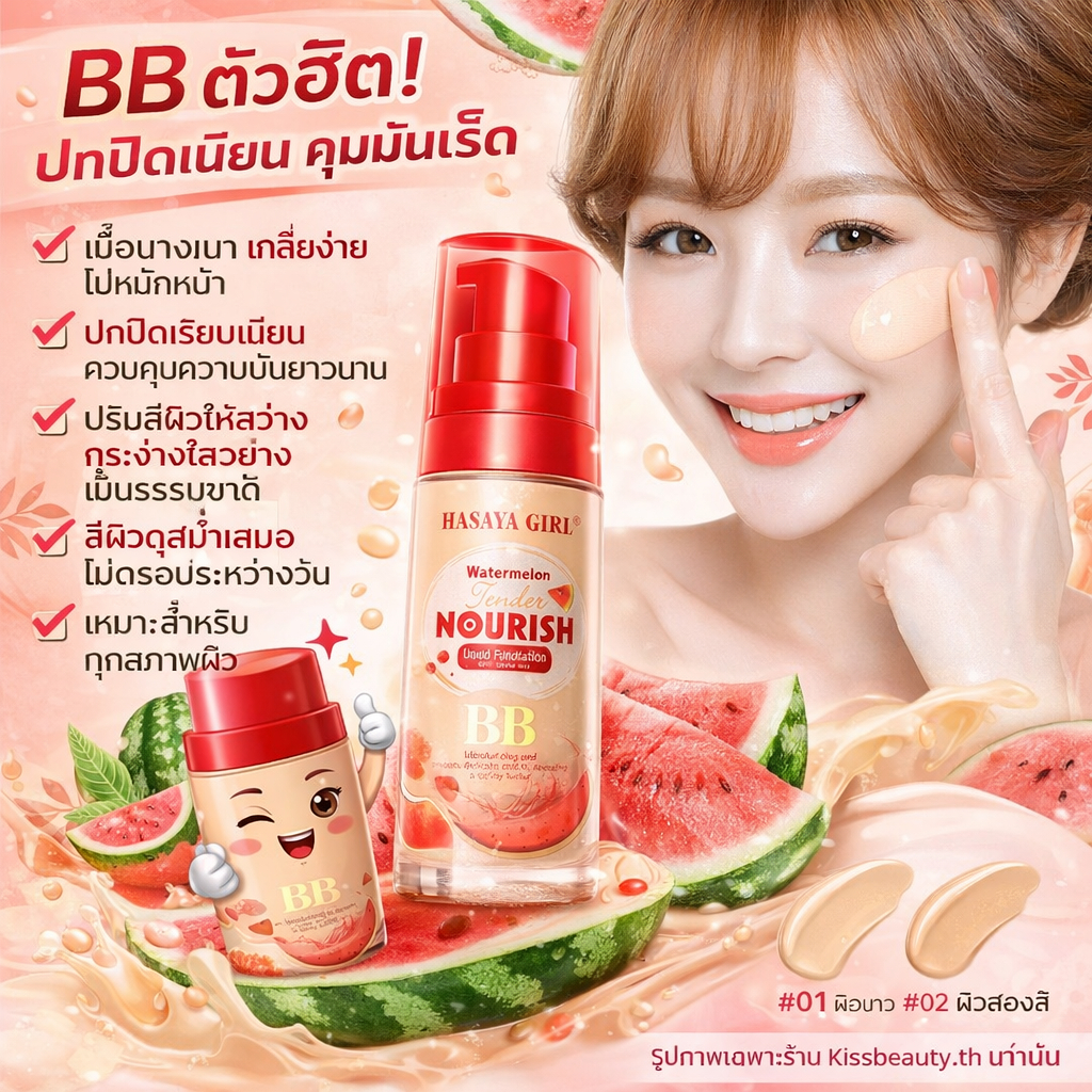 HASAYA / TANAKO รองพื้น BB ตัวฮิต ชอบสูตรไหนจัดเลย ปกปิดและควบคุมความมัน ปรับสภาพสีผิวให้สว่าง สีผิวสม่ำเสมอ มี 2 เบอร์