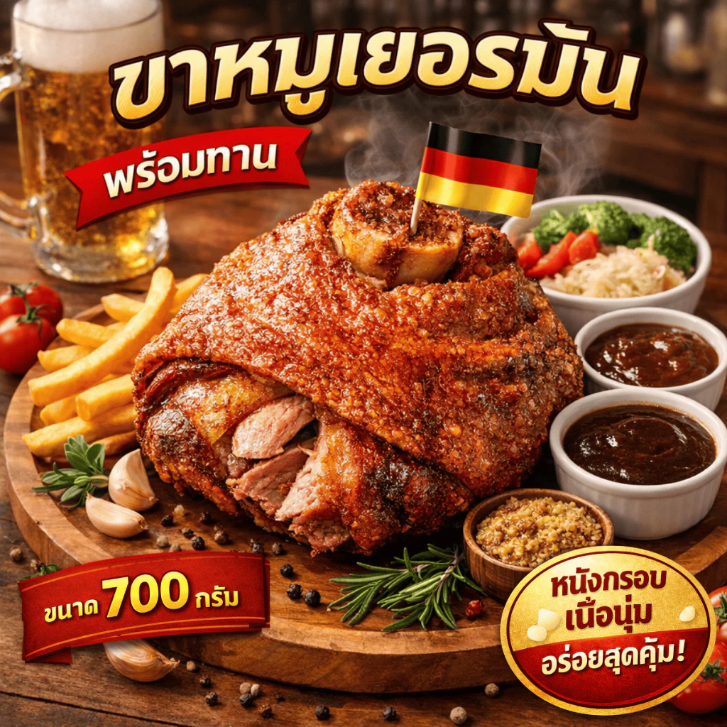 ขาหมูเยอรมัน700 กรัม พร้อมทานหนังกรอบ เนื้อนุ่ม รับประกันความอร่อย อาหารพร้อมทาน แช่แข็ง