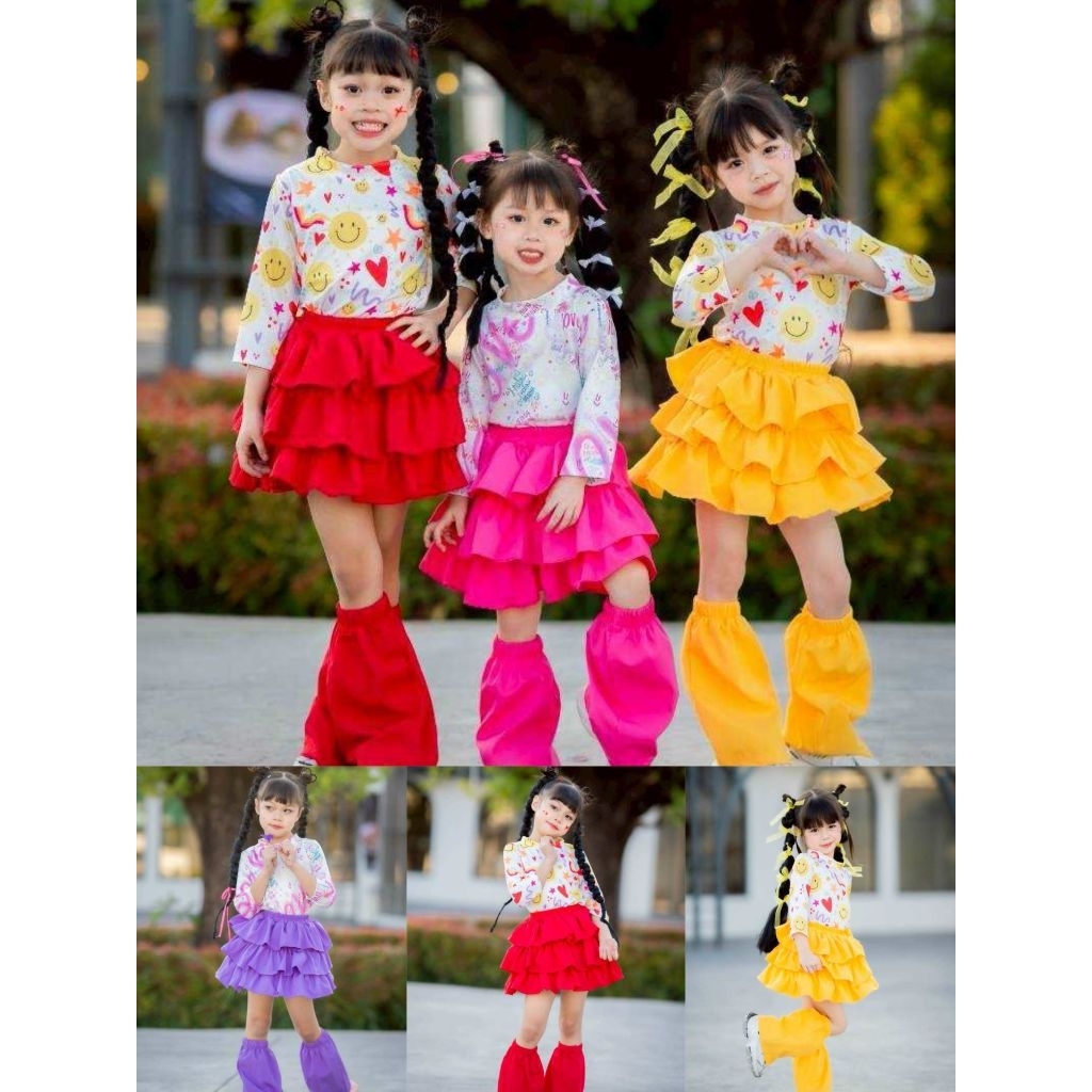 พร้อมส่ง ชุดเต้นเด็กผู้หญิง ชุดเซ็ทเด็ก 3 ชิ้น เสื้อแขนยาว+กระโปรงชั้น+ปลอกขา ชุดใส่กิจกรรม ชุดใส่เต้นเด็ก ชุดออกงานเด็ก
