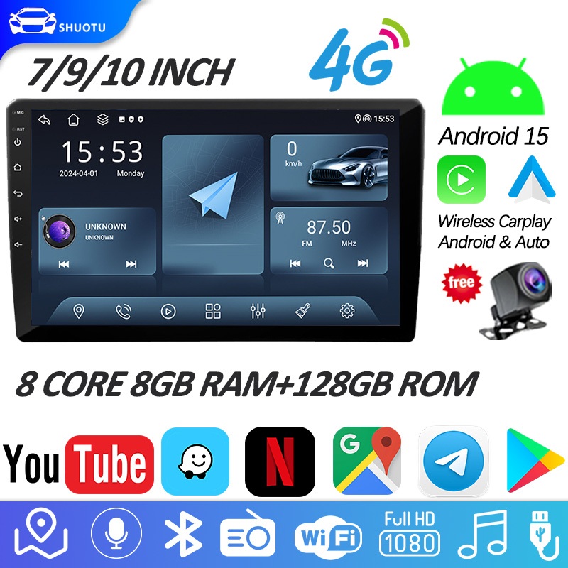 จอ android ติดรถยนต์ 8 Core 8+128GB ระบบทำความเย็น CarPlay FM GPS Wifi YouTube บลูทูธ EQ USB จอแอนดรอย 7/9/10.1นิ้ว