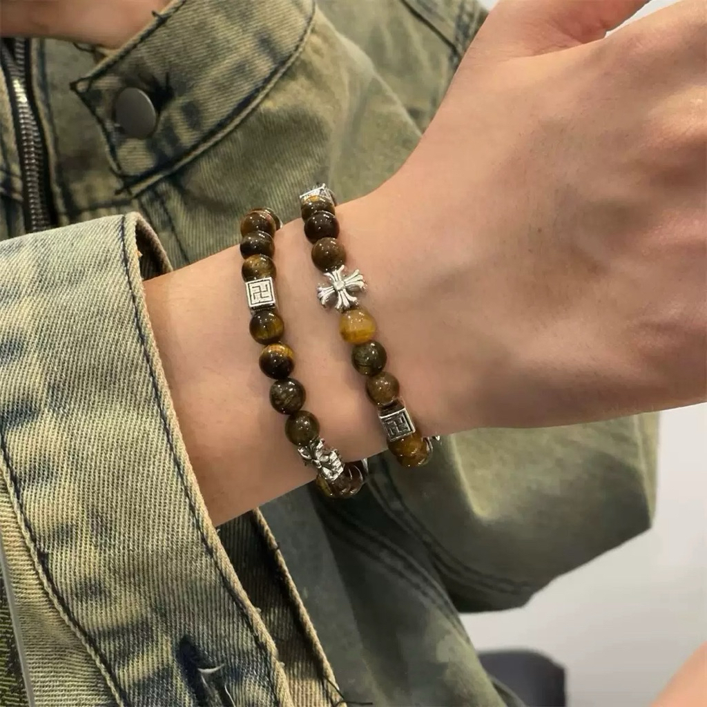 สร้อยข้อมือลูกปัดหินตาเสือรูปไม้กางเขนและดอกไม้ ได้2ชิ้น ใช้งานได้หลากหลาย ดีไซน์ไม่ซ้ำใคร กำไลข้อมือระดับไฮเอนด์