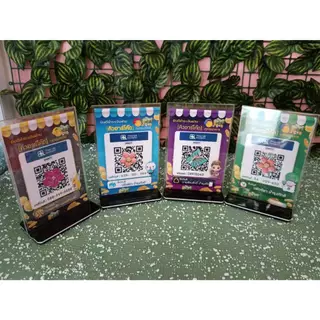 ป้ายสแกนรับชำระเงินผ่านQR Code ป้ายเคลือบพลาสติกพร้อมอะคริลิคตั้งโต๊ะแถมฟรี!!คาถาค้าขายร่ำรวยติดด้านหลัง
