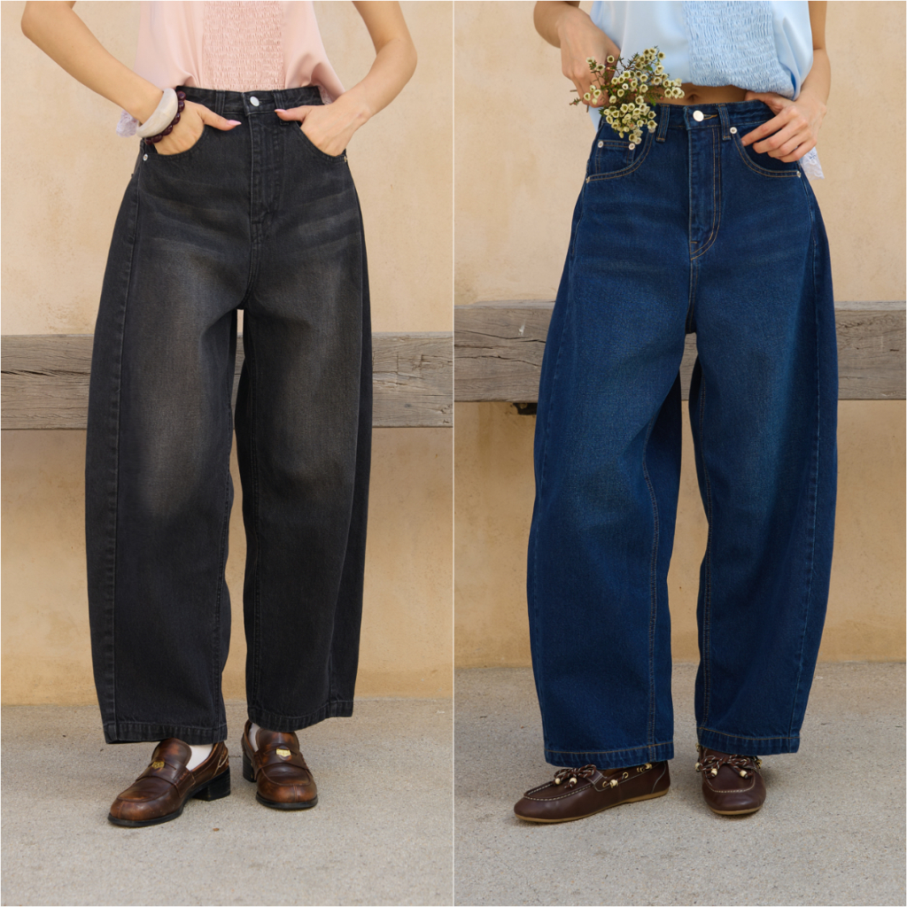 Sis story กางเกงยีนส์ ขายาว เอวสูง ทรงบาเรล Sis 545 ฺBarrel jeans  - Dark Blue/ Black