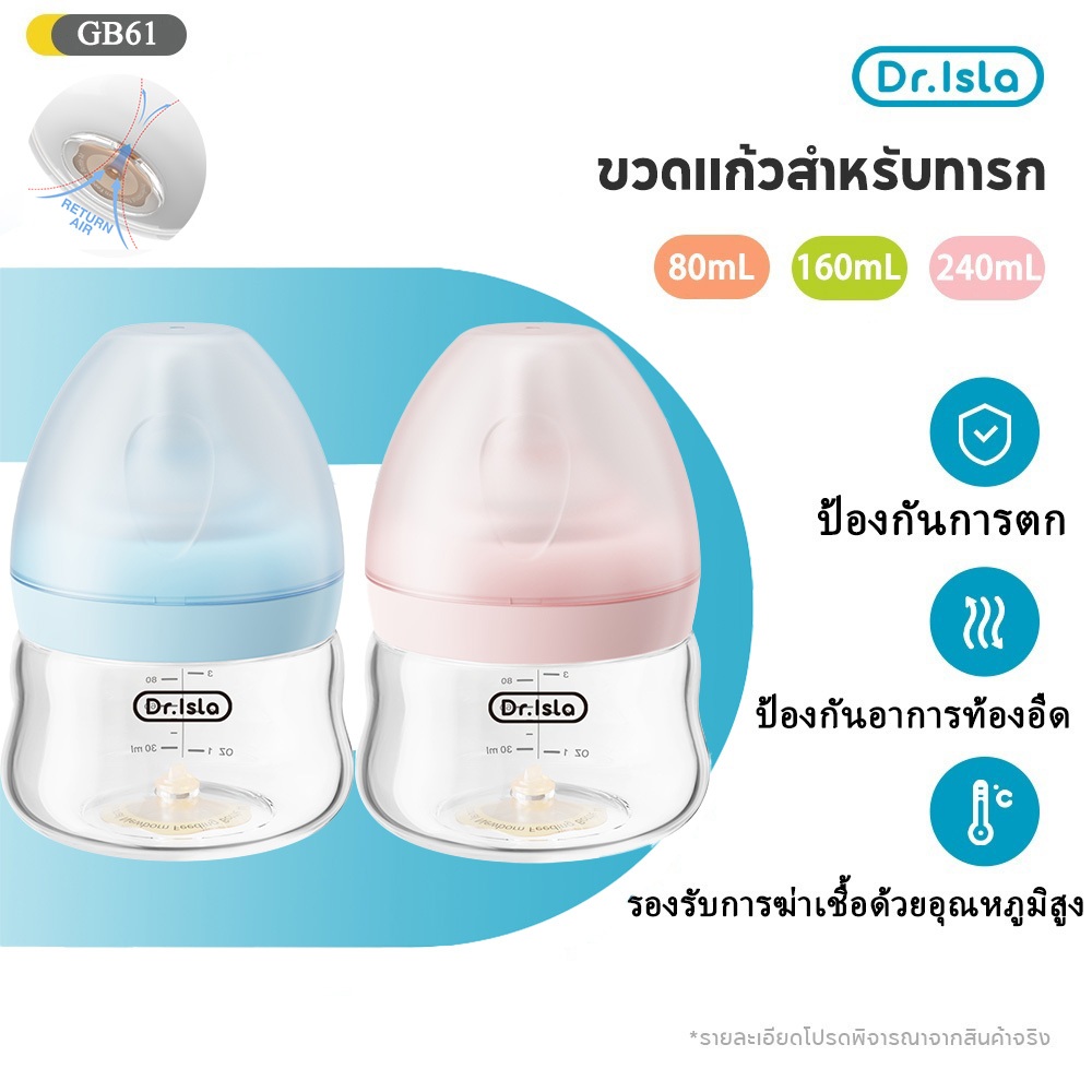 Dr.isla 2026 ขวดนม ขวดนมแก้ว 3oz/5oz/8oz  ขวดแก้วเด็กคอกว้าง ป้องกันอาการโคลิค ปลอด BPA Free GB61