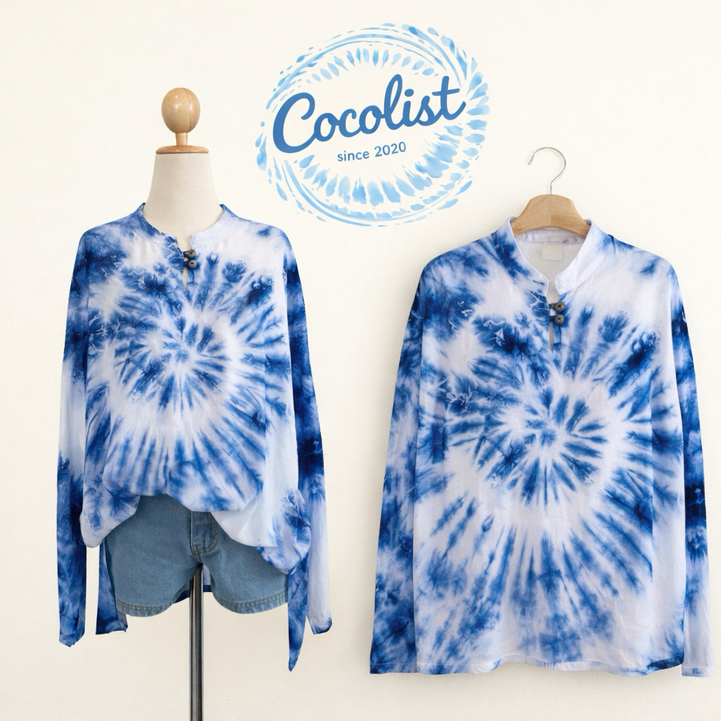 Cocolist brand เสื้อมัดย้อมธรรมชาติ100% ทรงโอเวอร์ไซส์ คอจีน แขนยาว ใส่ได้ทั้งชายและหญิง (ลายก้นหอย)