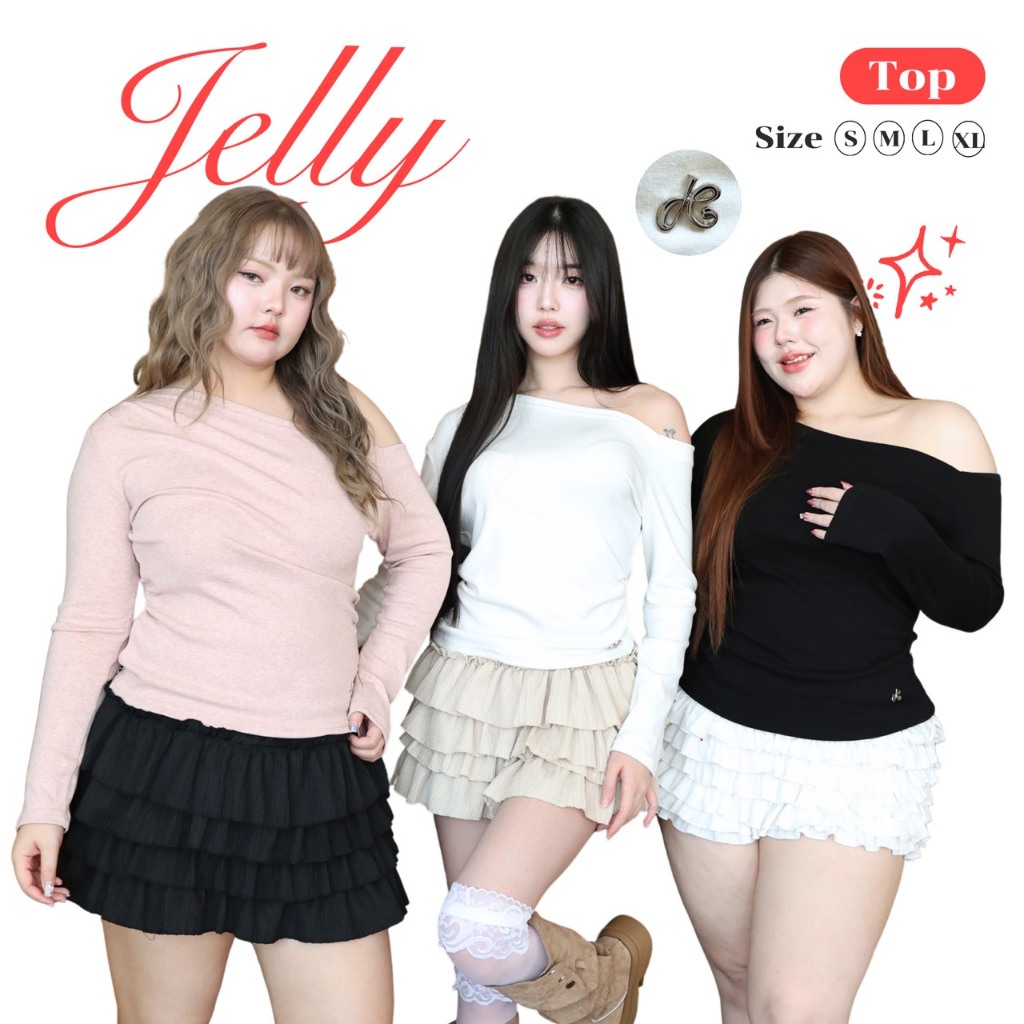 JARINYA (S-XL) เสื้อปาดไหล่แขนยาวผ้าร่อง จับจีบข้าง ปักเหล็ก JY สินค้า