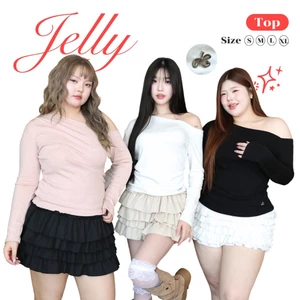 JARINYA (S-XL) เสื้อปาดไหล่แขนยาวผ้าร่อง จับจีบข้าง ปักเหล็ก JY