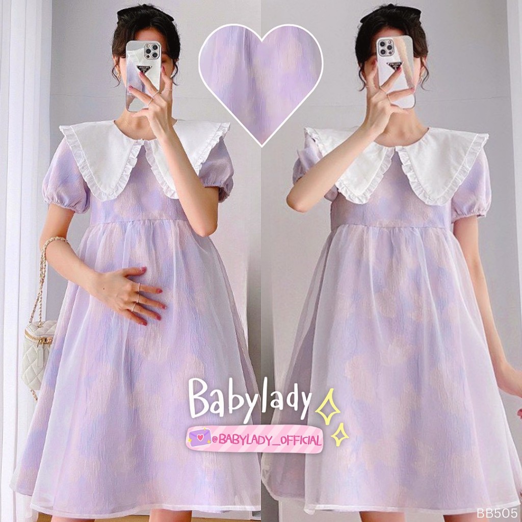 [BB 505] ชุดคลุมท้อง | BABYLADY ♡ - เดรสผ้าเชนิลล์ ตัดต่อผ้ามุ้ง คอตุ๊กตา แขนตุ๊กตา น่ารัก