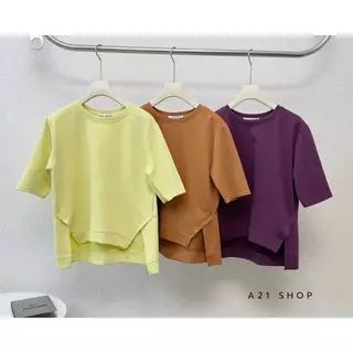 A405 เสื้อยืดคอกลมผ่าเฉียงแต่งขอบ หน้าสั้น - หลังยาว