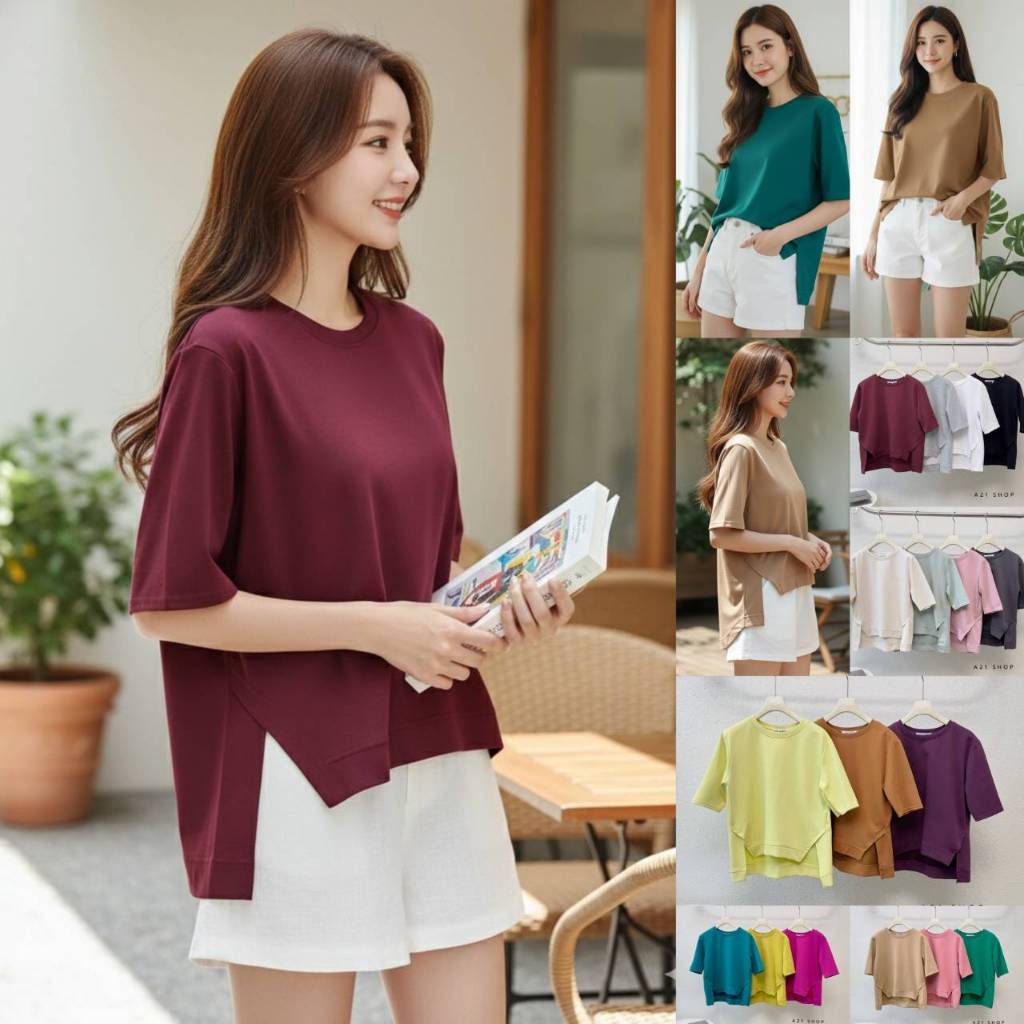 A405 เสื้อยืดคอกลมผ่าเฉียงแต่งขอบ หน้าสั้น - หลังยาว