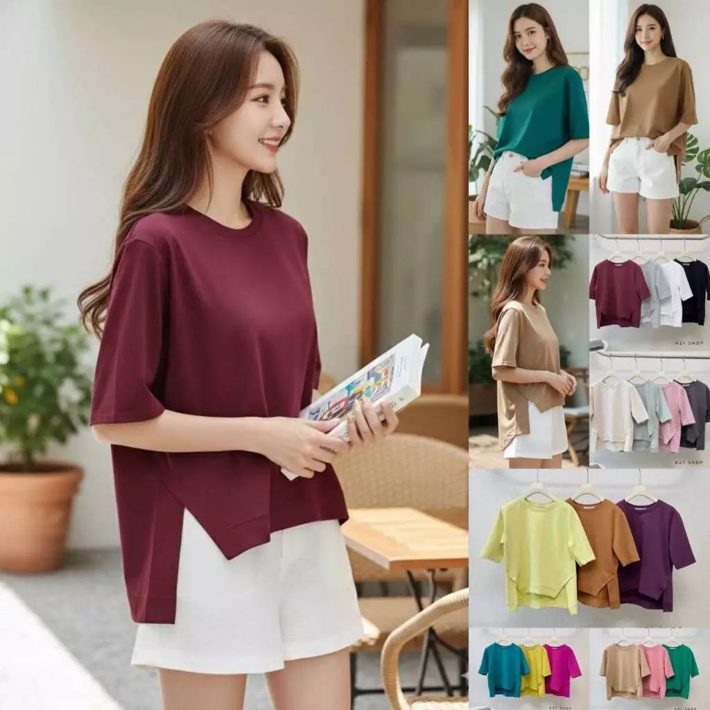 A405 เสื้อยืดคอกลมผ่าเฉียงแต่งขอบ หน้าสั้น - หลังยาว