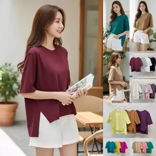 A405 เสื้อยืดคอกลมผ่าเฉียงแต่งขอบ หน้าสั้น - หลังยาว