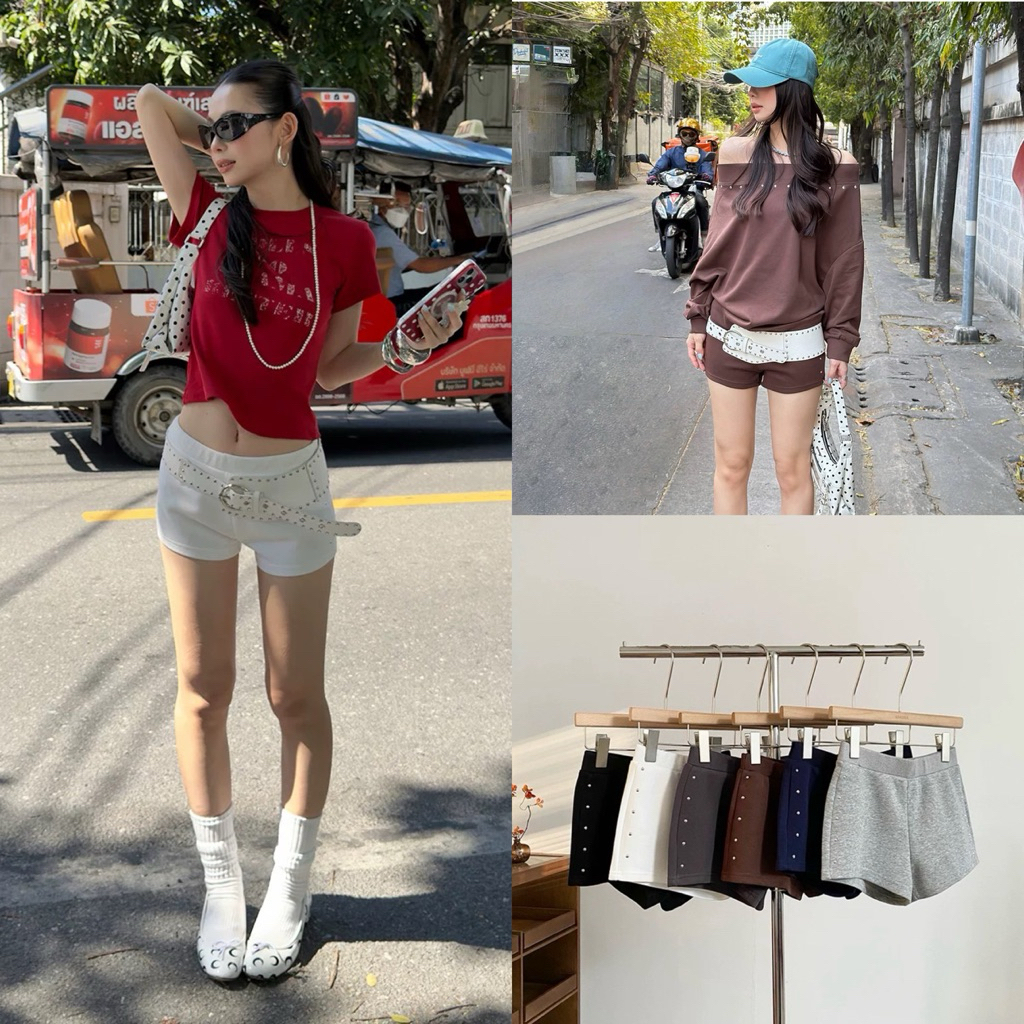ส่งด่วน 🛵 25K497 𝗘𝗩𝗘𝗥𝗬𝗗𝗔𝗬 𝗚𝗟𝗔𝗠 𝗦𝗛𝗢𝗥𝗧𝗦 กางเกงขาสั้นทรงเอวต่ำ ดีไซน์แต่งหมุด