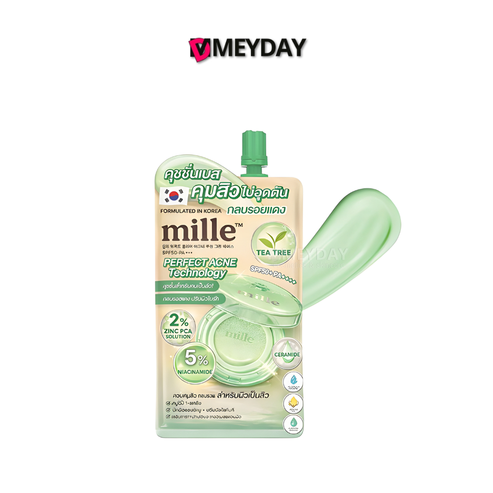 (แบบซอง) Mille Perfect Clear Acne Cushion Green Base SPF50+ PA++++ มิลเล่ เพอร์เฟ็กต์ เคลียร์ แอคเน่ คุชชั่น เบสเขียว 6g